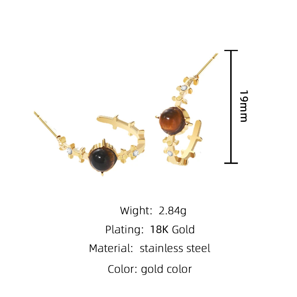 YACHAN 18K Gold Plated Stainless Steel Hoop Earrings for Women Amber Natural Stone Crystal Irregular Earring Trendy Jewelry Gift