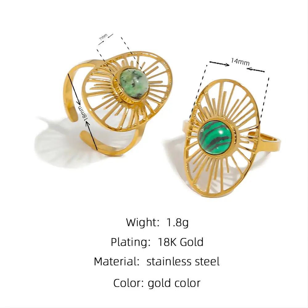 YACHAN Stainless Steel 18 K Gold Plated Sun Rings for Women Natural Stone Inlaid in Hollow Metal Texture Ring Trendy Jewelry