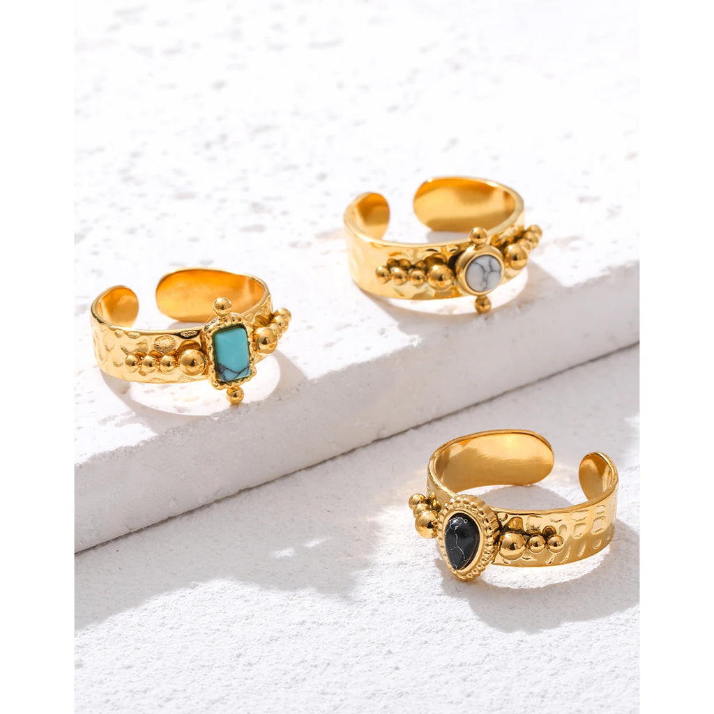 YACHAN Luxury 18K Gold Plated Stainless Steel Rings for Women Black White Blue Natural Stone Trendy Vintage Aesthetic Jewelry