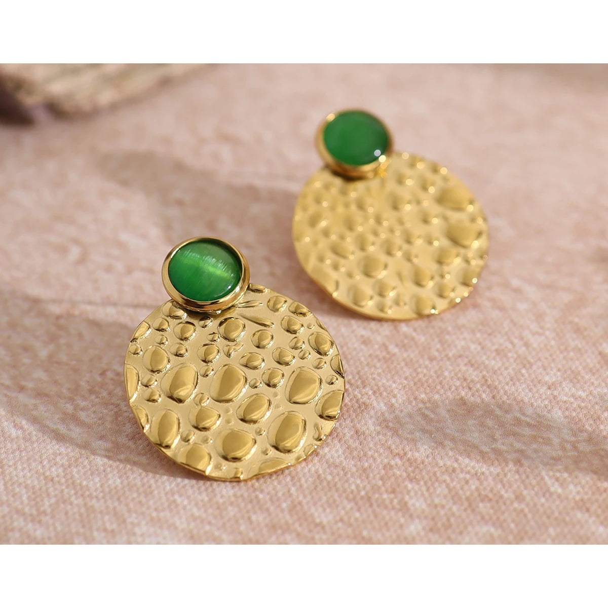 YACHAN Luxury Green Opal Stainless Steel Stud Earrings for Women with Irregular Metal Texture Chic Trendy Jewelry