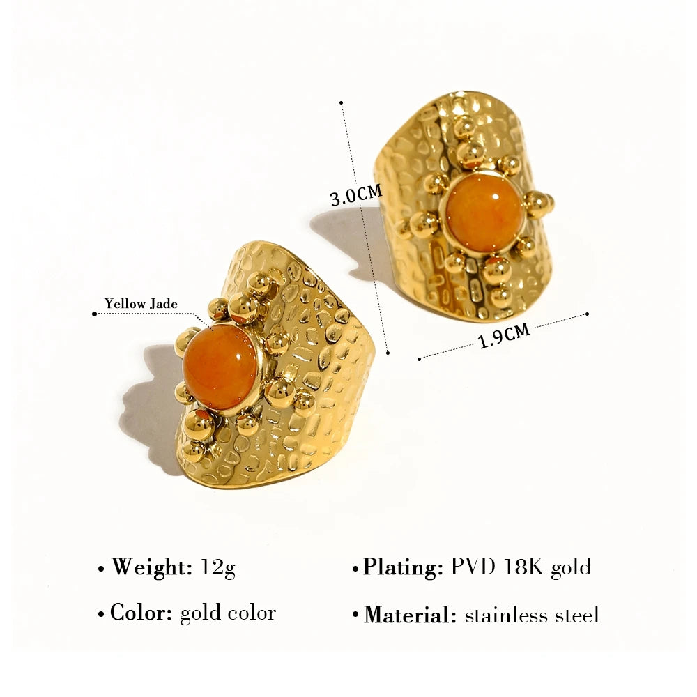 YACHAN 18K Gold Plated Stainless Steel Wide Ring for Women Luxury Orange Stone Metal Texture Trendy Aesthetic Jewelry