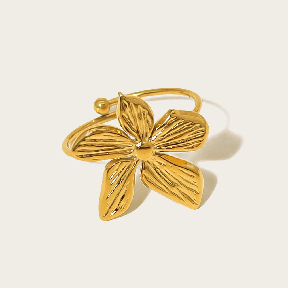 YACHAN Trendy Irregular Flower Stainless Steel Rings for Women Vintage Adjustable 18K Gold Plated Tarnish Free Chic Jewelry