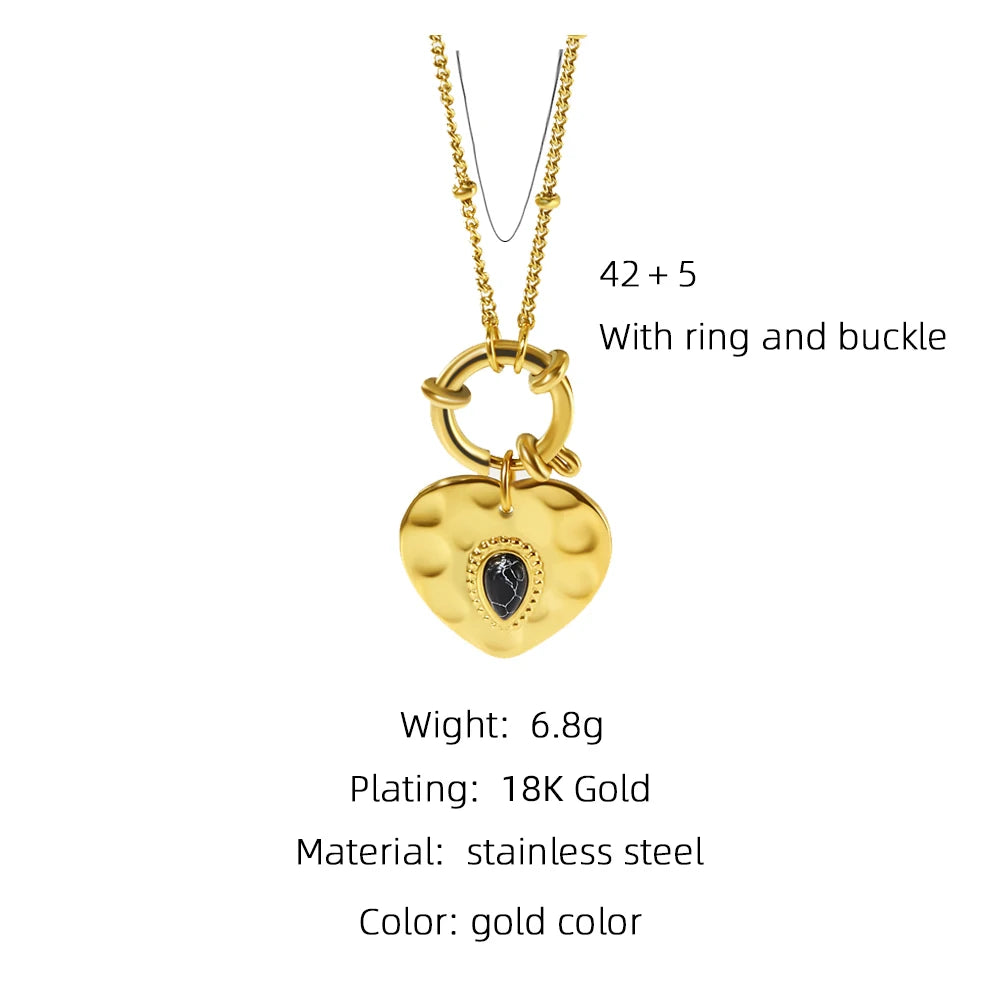 YACHAN Stainless Steel Golden Heart Pendant Necklace Fashion Black Natural Stone Metal Texture Trendy Jewelry for Woman