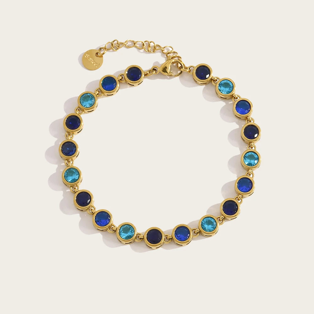 YACHAN Luxury Blue Zircon Crystal Bracelet for Women Chic 18K Gold Plated Stainless Steel Trendy Waterproof Jewelry