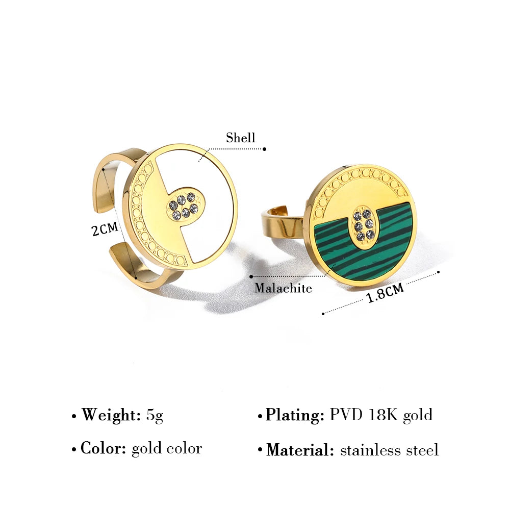 YACHAN 18K Gold Plated Geometric Stainless Steel Rings for Women Shell Malachite Trendy Zircon Luxury Jewelry