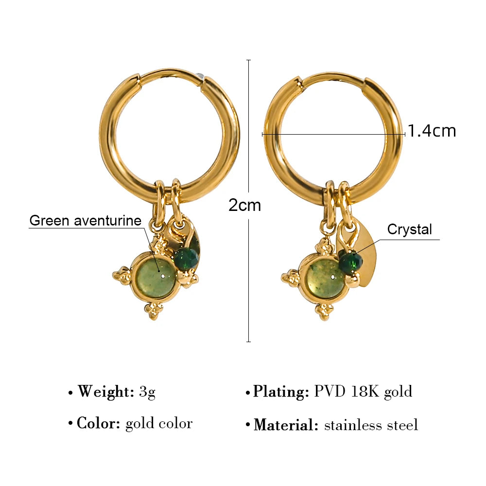 YACHAN 18K Gold Plated Stainless Steel Hoop Earrings for Women Luxury Green Natural Stone Charms Aesthetic Jewelry