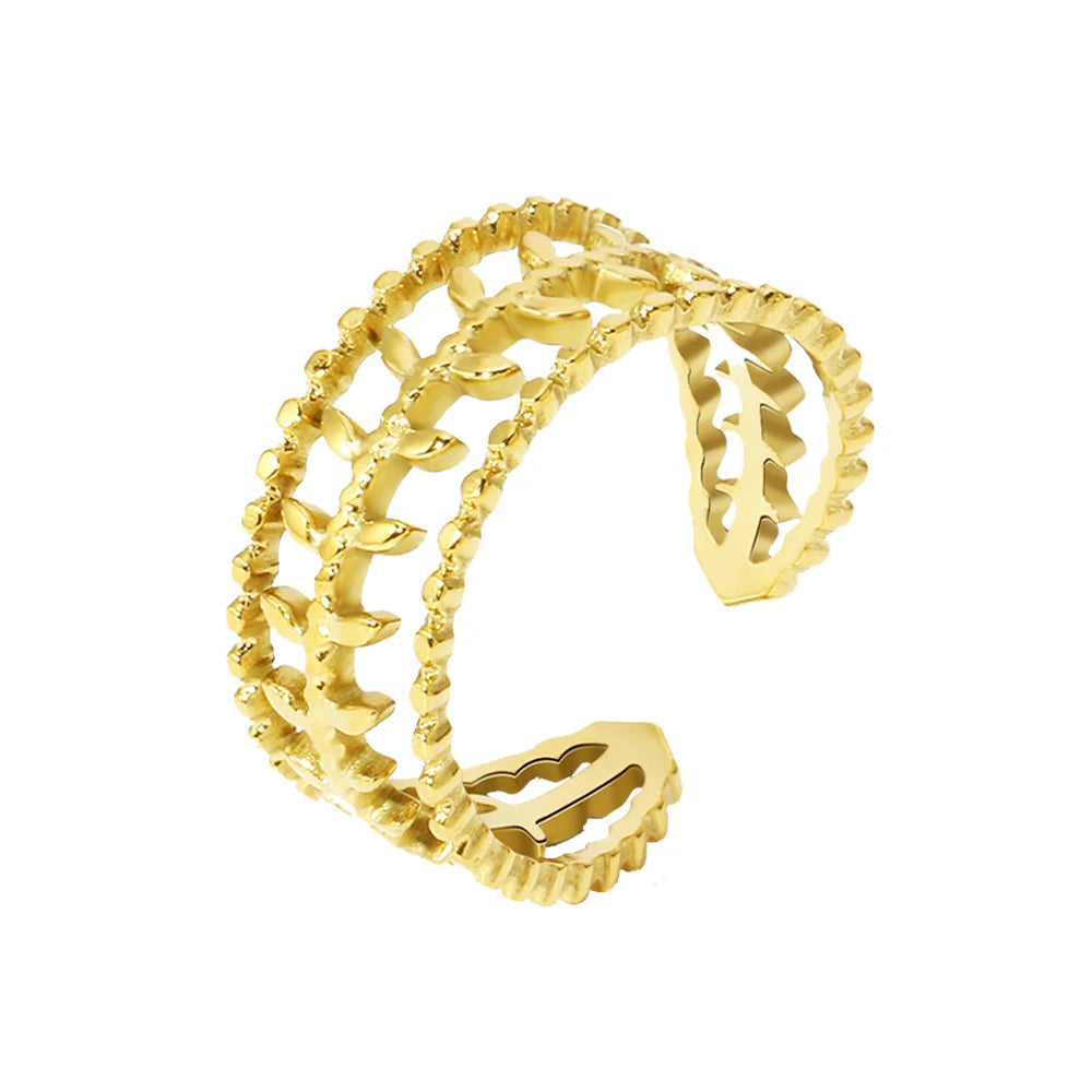 YACHAN Stainless Steel Gold Plated Rings for Women Adjustable Opening Simple Three Floors Leaves Ring Trendy Jewelry