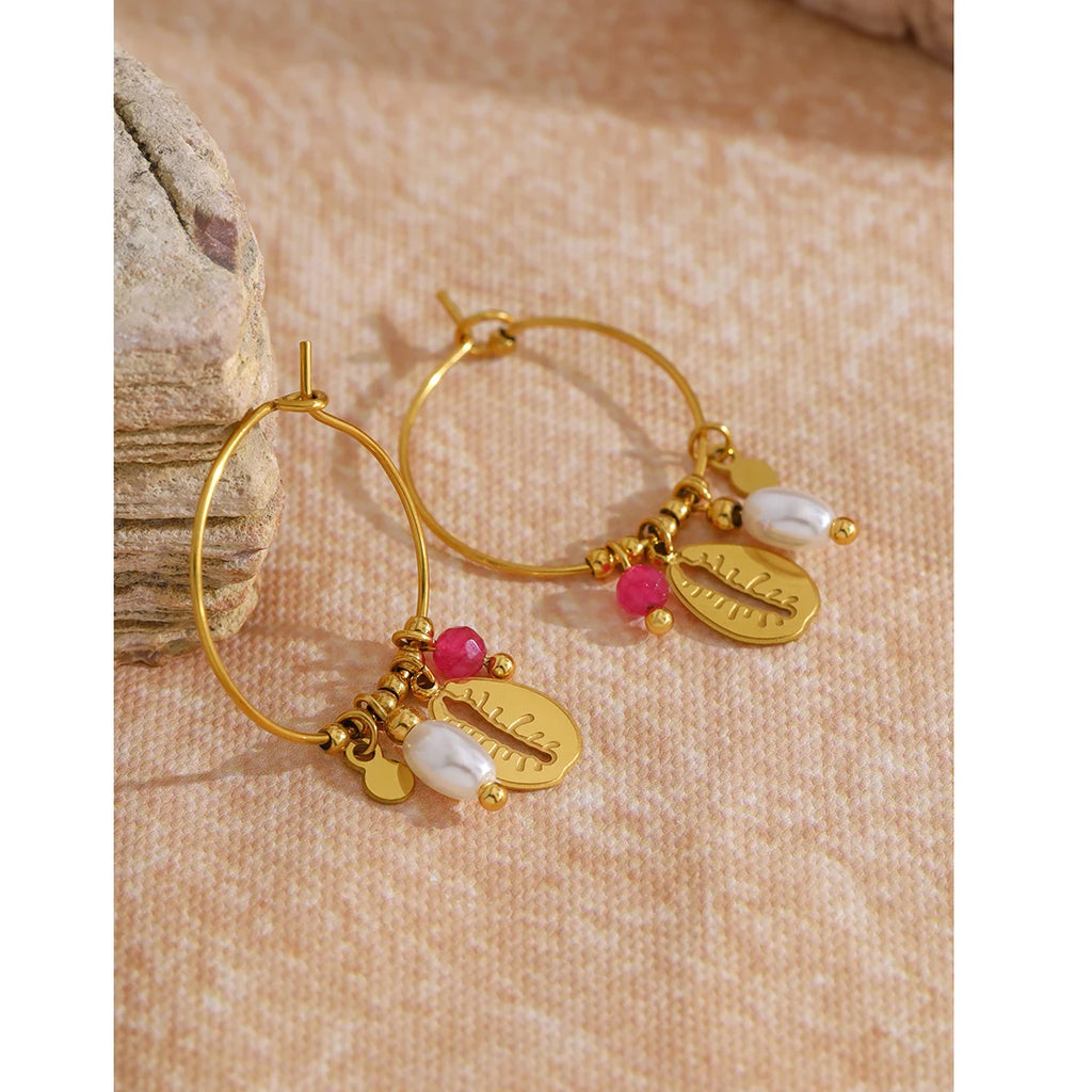 YACHAN 18K Gold Plated Stainless Steel Hoop Earrings for Women Vintage Chic Shell Pearl Charms Trendy Waterproof Jewelry