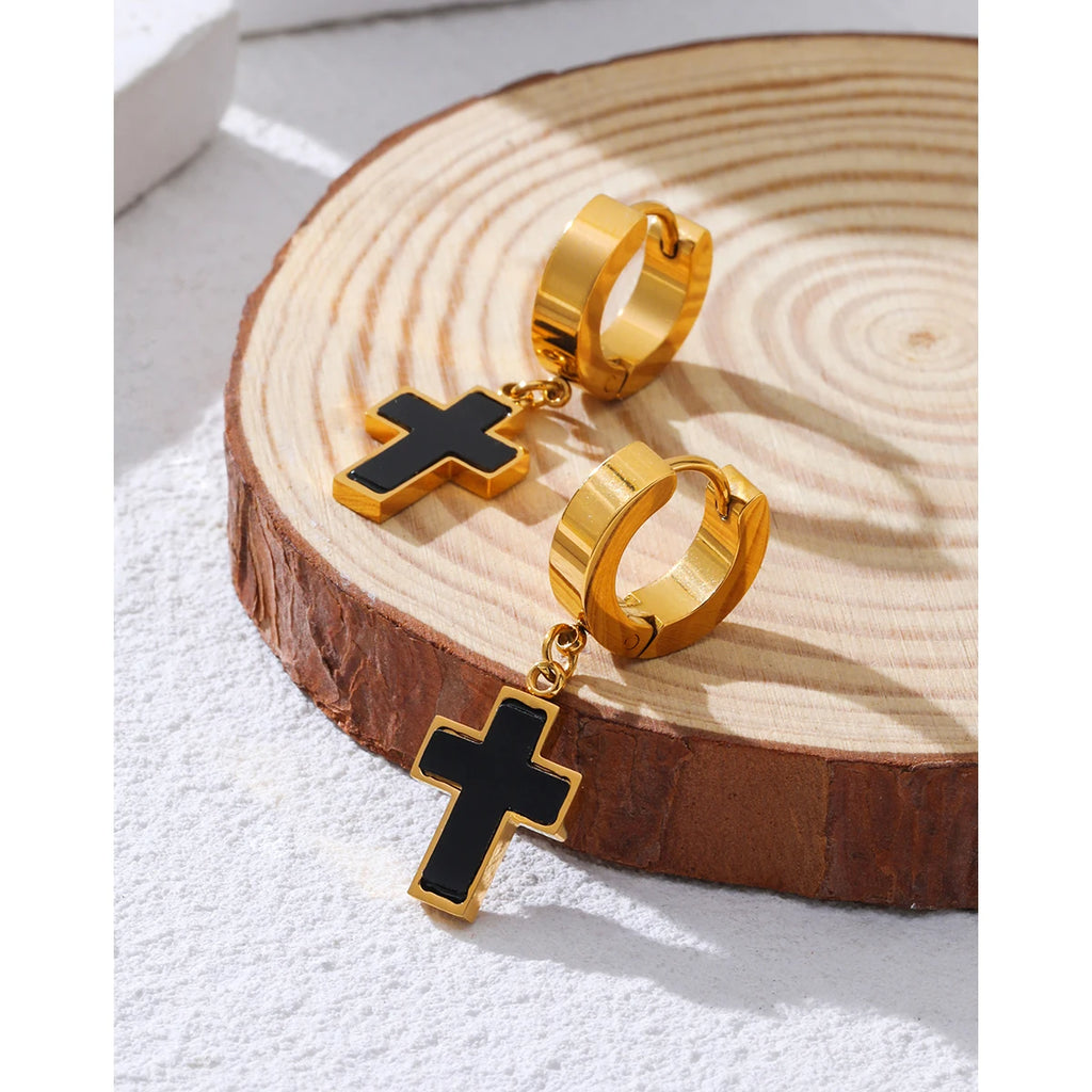 YACHAN Classic Cross Stainless Steel Drop Earrings for Women Black Acrylic Charm Huggie Earring Faith Jewelry Waterproof