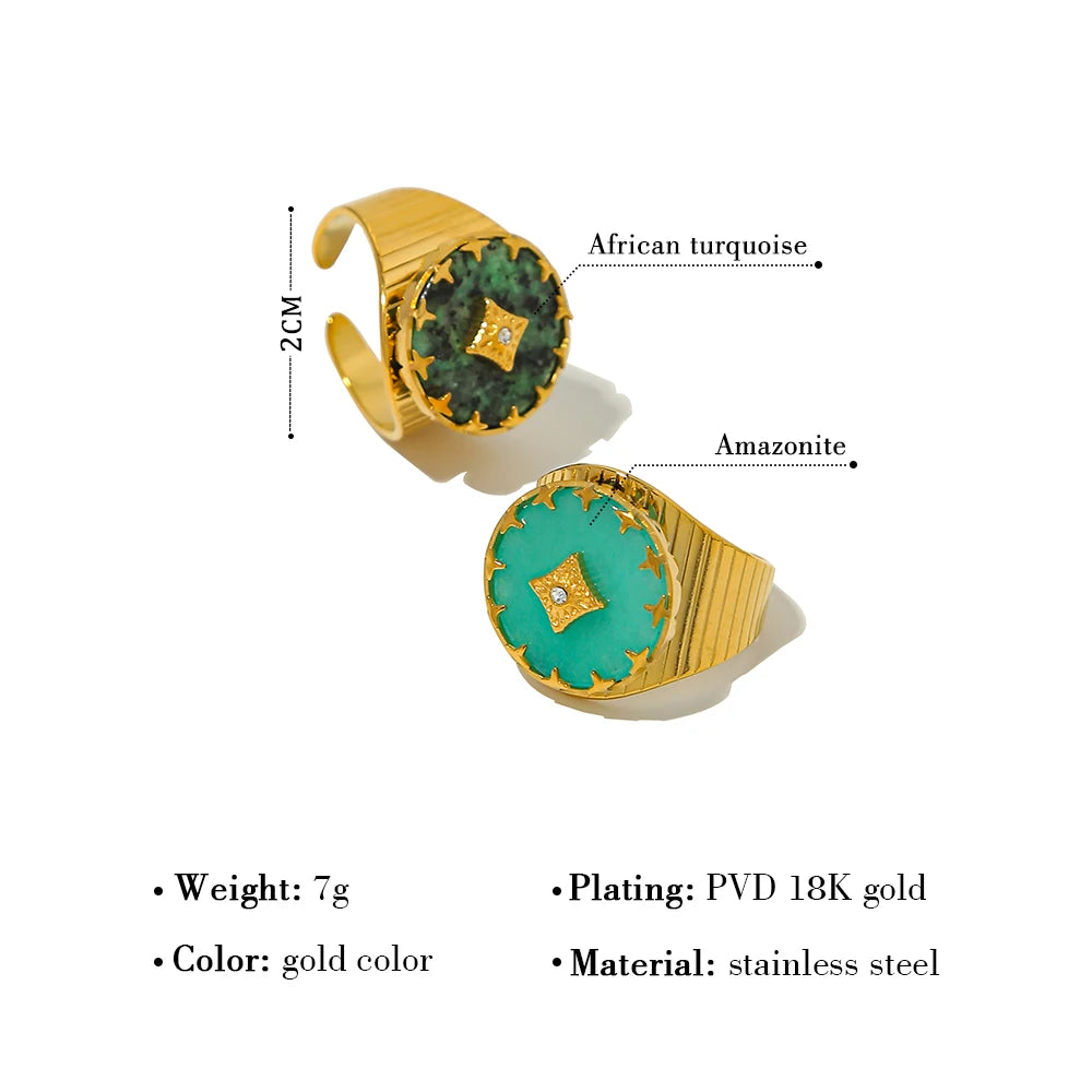 YACHAN 18K Gold-Plated Vintage Stainless Steel Rings for Women Natural Stone African Turquoise Waterproof Trendy Jewelry