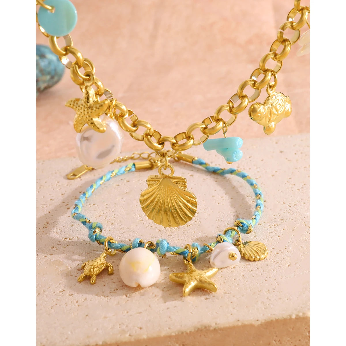 YACHAN Boho Ocean Pendant Necklace for Women 18K Gold Plated Stainless Steel Charms Vintage Bracelet Jewelry Set Waterproof