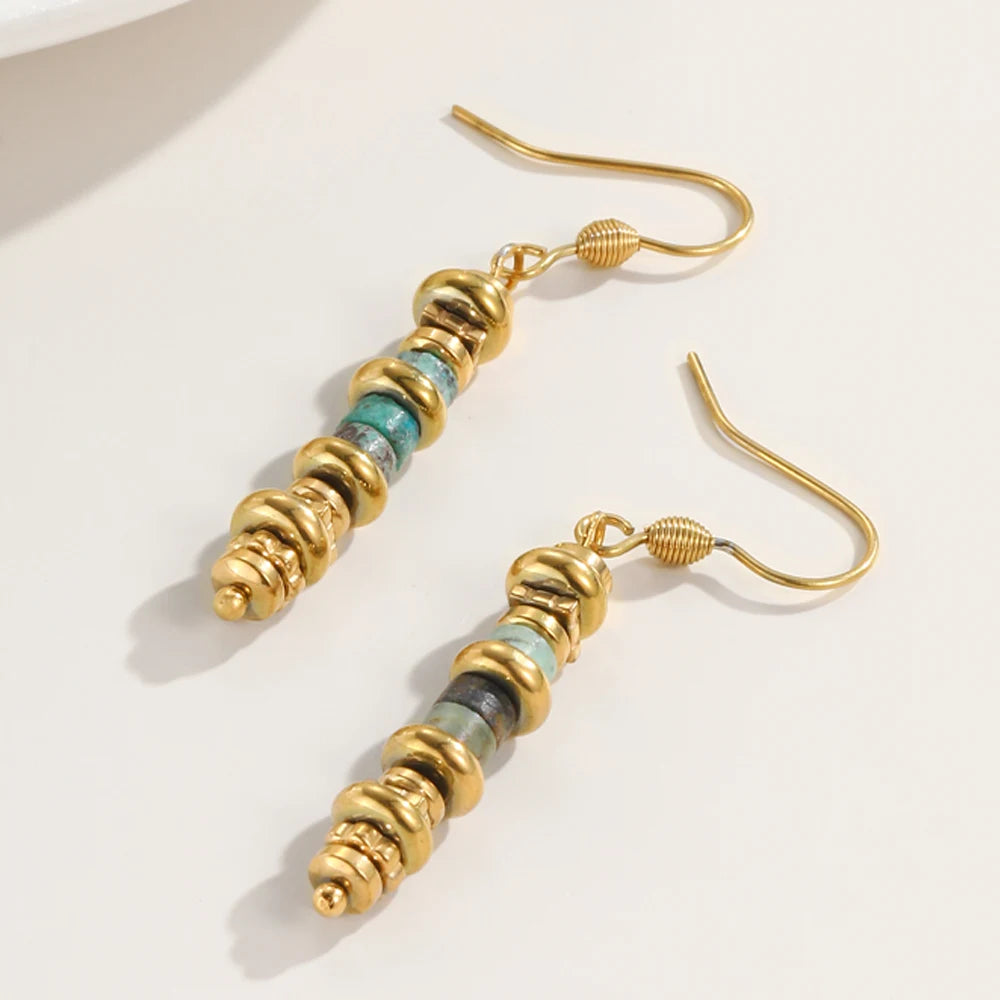 YACHAN 18K Gold Plated Stainless Steel Long Drop Earrings for Women Green Natural Stone Charms Ear Hook Earring Trendy Jewelry