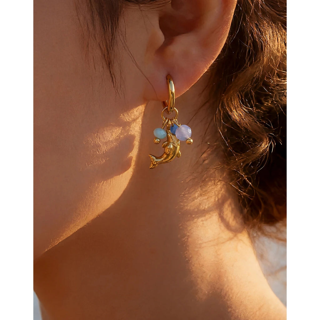 YACHAN Trendy 18K Gold Plated Stainless Steel Ocean Animal Dangle Hoop Earrings for Women Cute Dolphin Charm Beach Jewelry