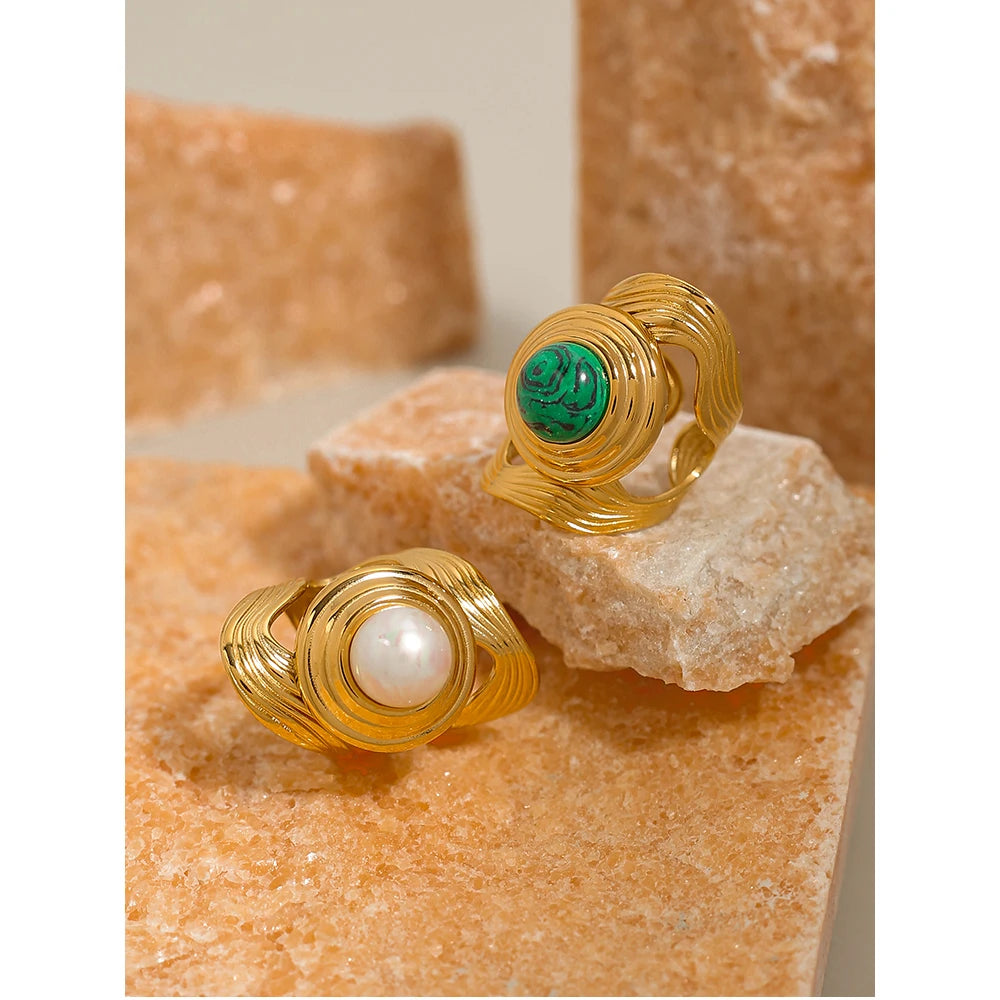 YACHAN Statement Stainless Steel Wide Rings for Women 18 K Gold Plated Natural Stone Metal Texture Ring Trendy Jewelry Gift