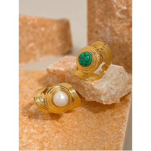 YACHAN Statement Stainless Steel Wide Rings for Women 18 K Gold Plated Natural Stone Metal Texture Ring Trendy Jewelry Gift