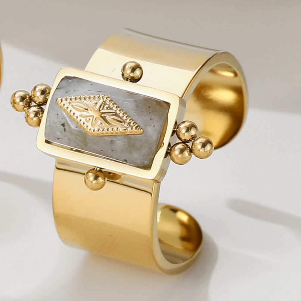 YACHAN Water Proof Natural Stone Stainless Steel Gold Plated Wide Rings for Women Finger Adjustable Open Ring Vintage Jewelry