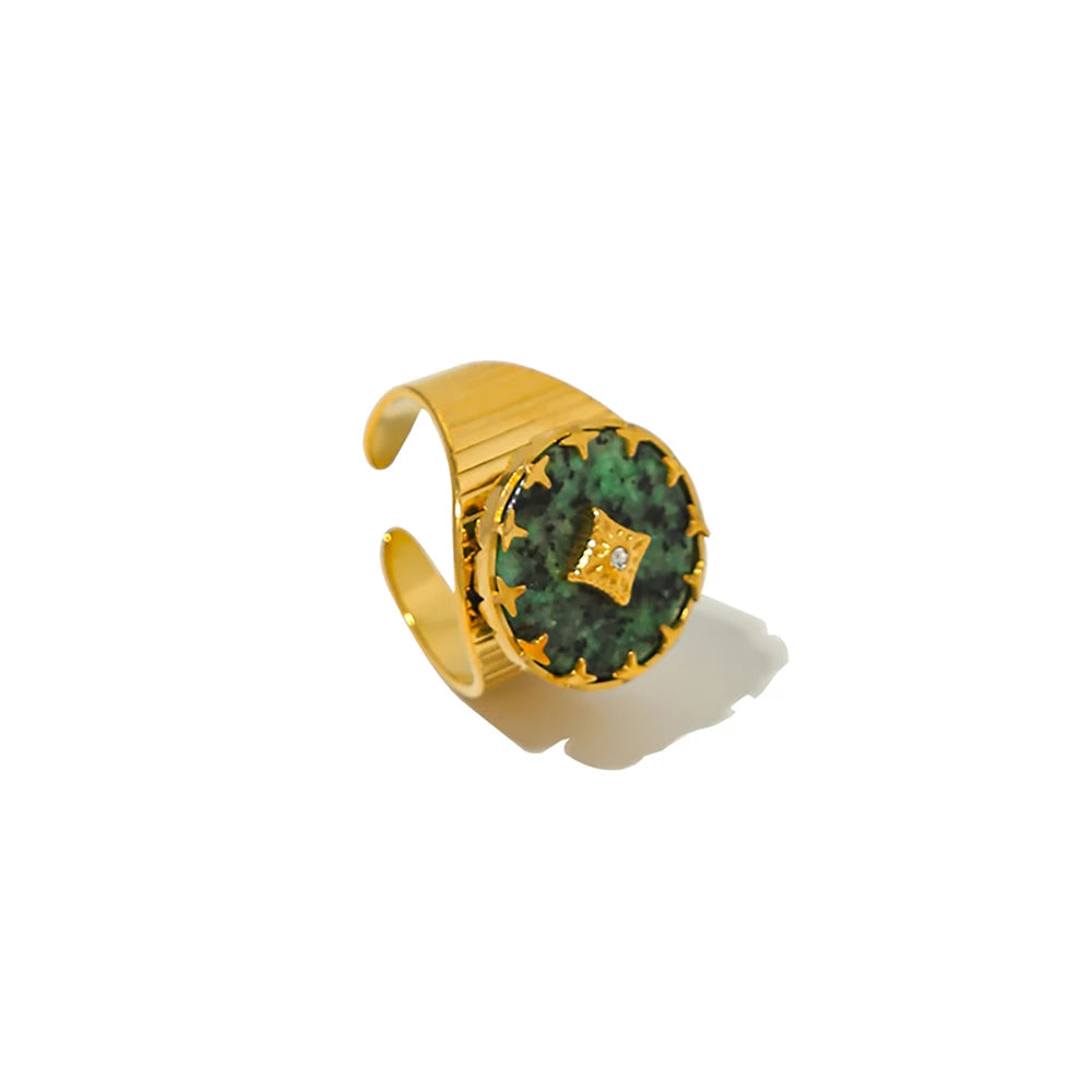 YACHAN 18K Gold-Plated Vintage Stainless Steel Rings for Women Natural Stone African Turquoise Waterproof Trendy Jewelry
