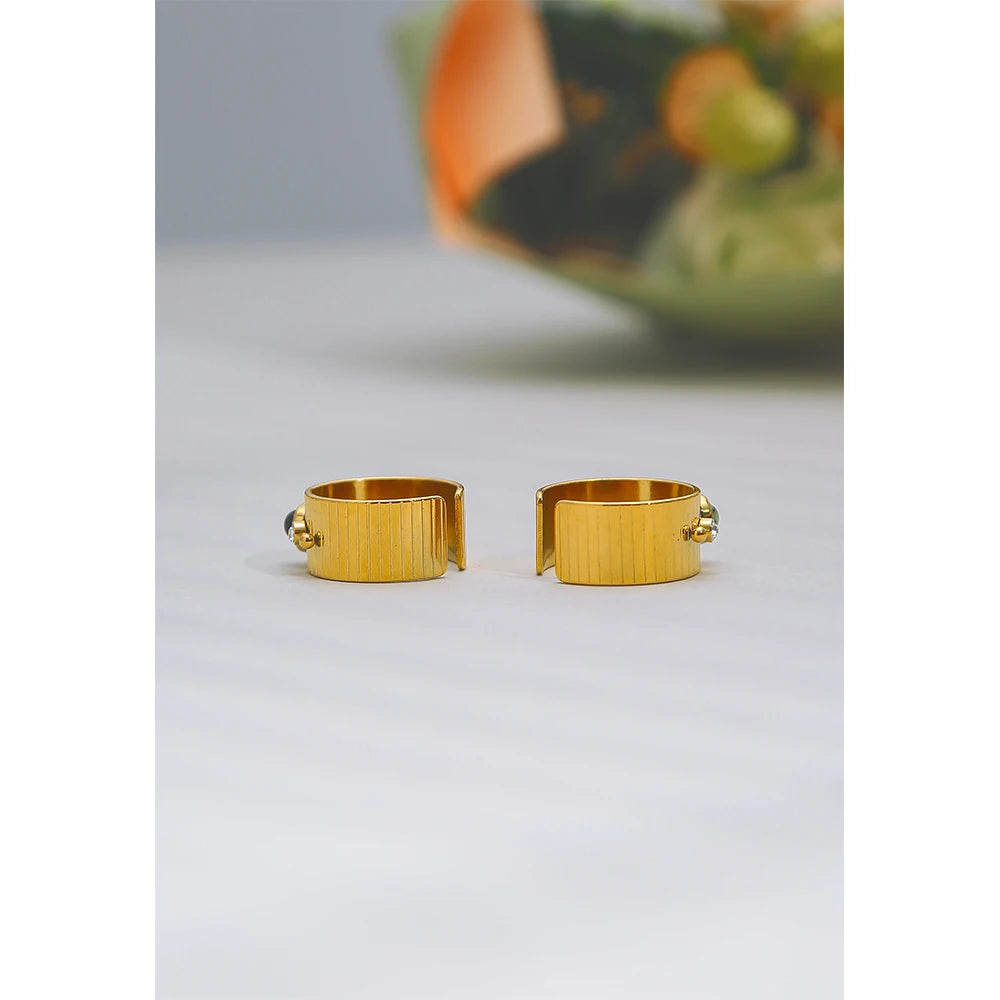 YACHAN Stainless Steel 18 K Gold Plated Wide Rings for Women Green Natural Stone Crystal Finger Open Ring Trendy Jewelry Gift
