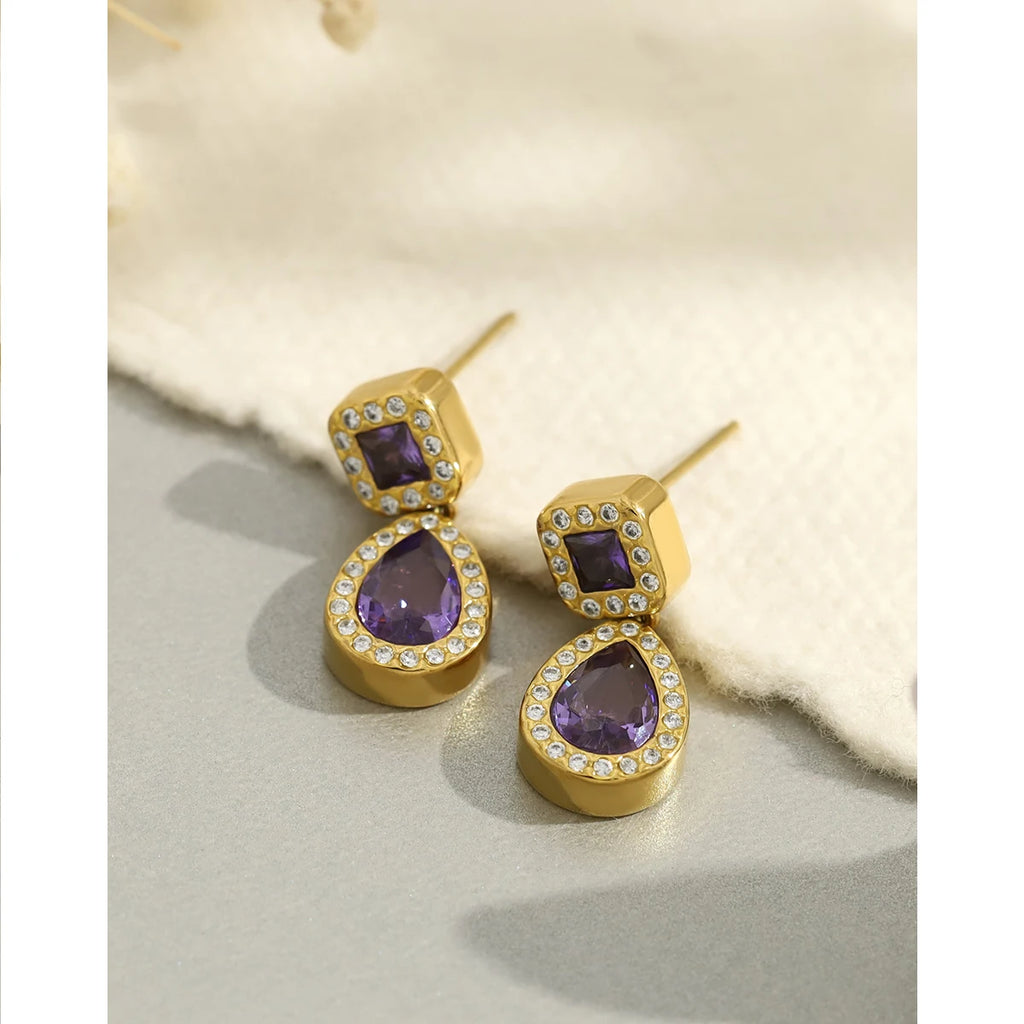 YACHAN 18K Gold Plated Luxury Stainless Steel Drop Earrings for Women Chic Purple Crystal Dangle Earring Trendy Jewelry