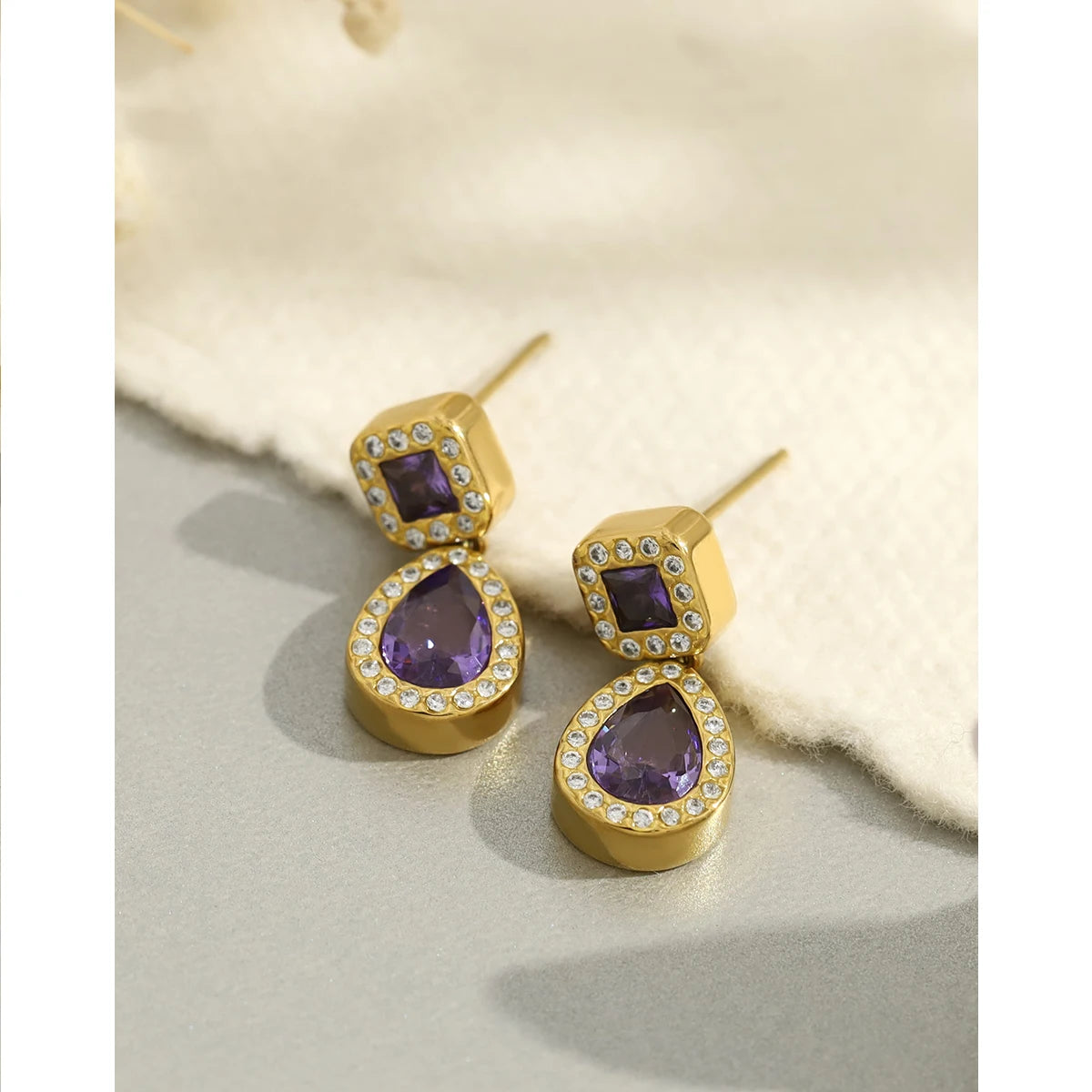 YACHAN 18K Gold Plated Luxury Stainless Steel Drop Earrings for Women Chic Purple Crystal Dangle Earring Trendy Jewelry
