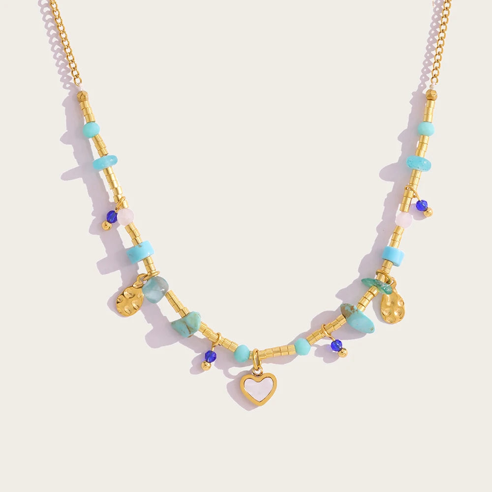 YACHAN Boho Luxury Natural Stone Stainless Steel Necklace for Women Vintage Ethnic Chic 18K Gold Plated Trendy Jewelry
