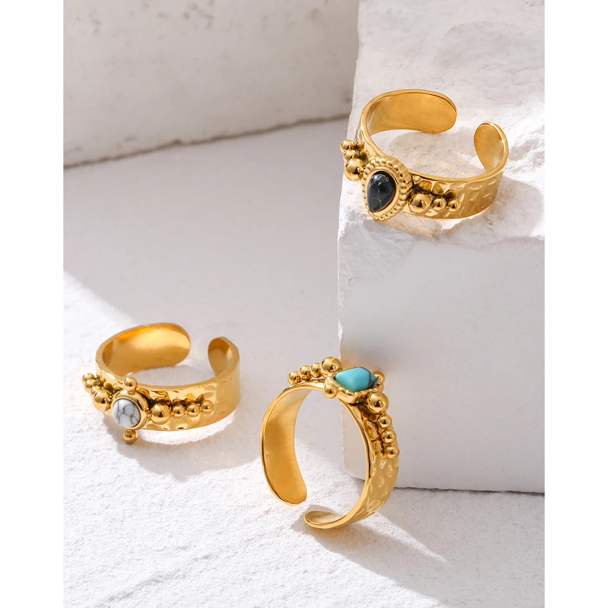 YACHAN Luxury 18K Gold Plated Stainless Steel Rings for Women Black White Blue Natural Stone Trendy Vintage Aesthetic Jewelry