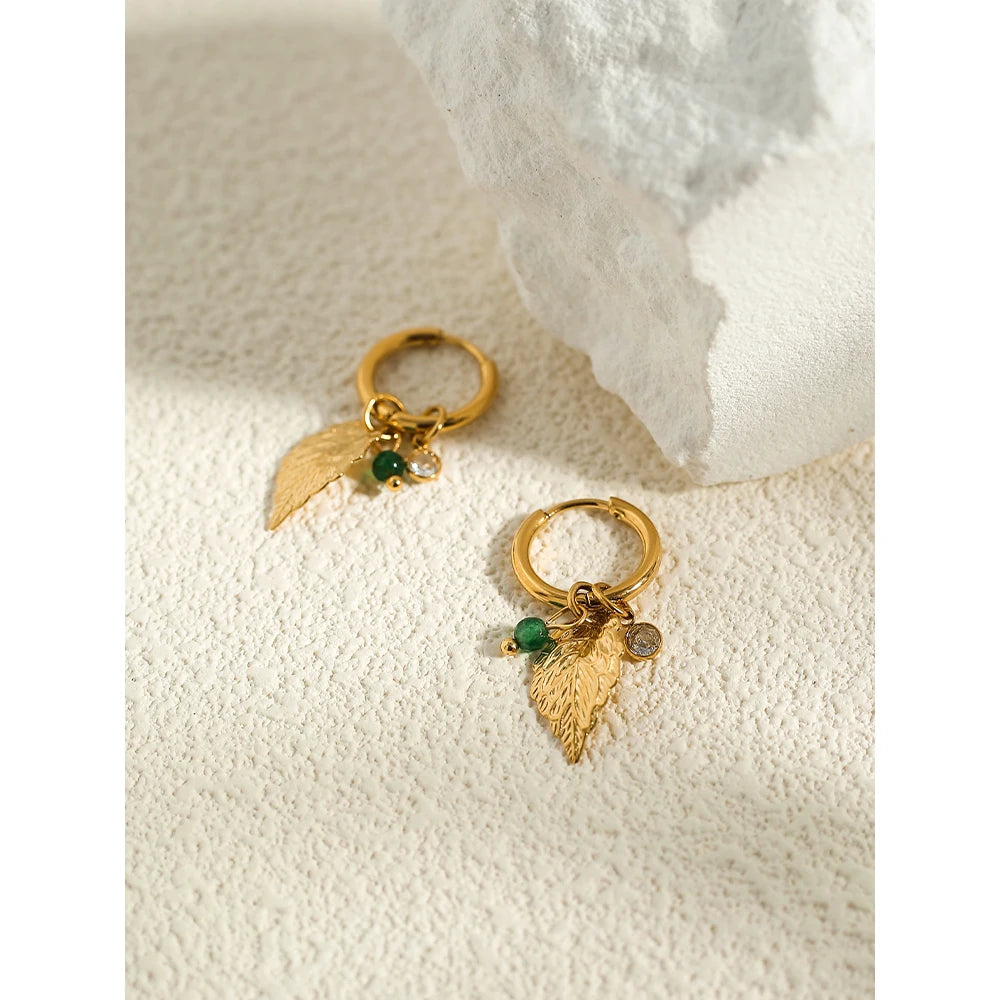 YACHAN 18K Gold Plated Stainless Steel Hoop Earrings for Women Metal Leaf Crystal Pendants Earring Waterproof Jewelry