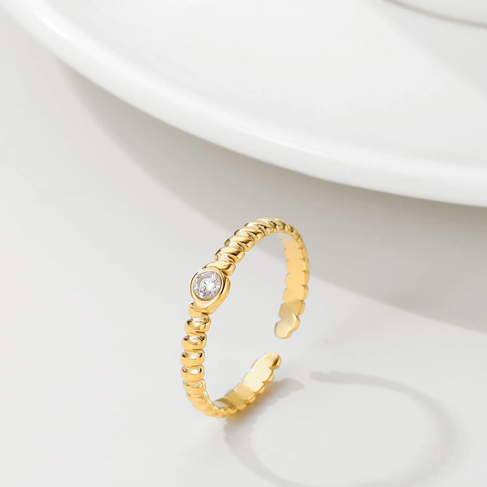 YACHAN Stainless Steel Gold Plated Cubic Zirconia Rings for Women Adjustable Opening Simple Irregular Shape Ring Trendy Jewelry