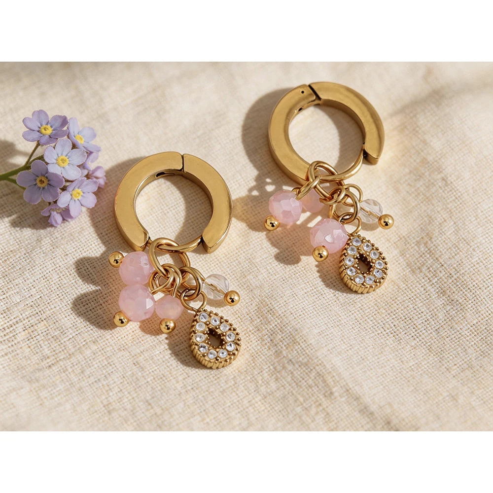 YACHAN Pink Natural Stone Charms Stainless Steel Hoop Earrings for Women Chic 18K Gold Plated Dangle Earring Trendy Jewelry