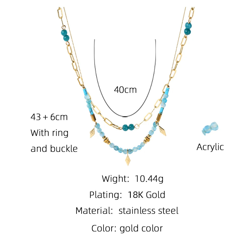 YACHAN Boho Blue Acrylic Bead Layered Necklace for Women Vintage Charms Stainless Steel Jewelry
