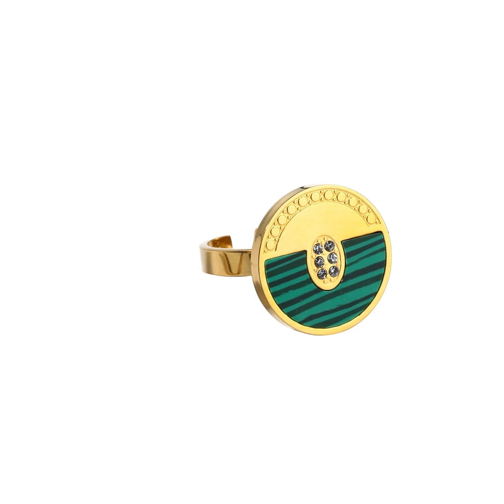 YACHAN 18K Gold Plated Geometric Stainless Steel Rings for Women Shell Malachite Trendy Zircon Luxury Jewelry