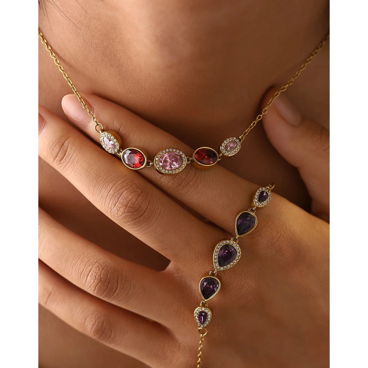 YACHAN Luxury Purple Zircon Crystal Stainless Steel Necklaces for Women Chic Vintage 18K Gold Plated Trendy Waterproof Jewelry