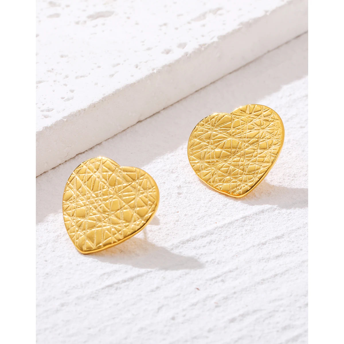 YACHAN Trendy 18K Gold Plated Stainless Steel Heart Stud Earrings for Women Individual Irregular Knife Cut Metal Texture Jewelry