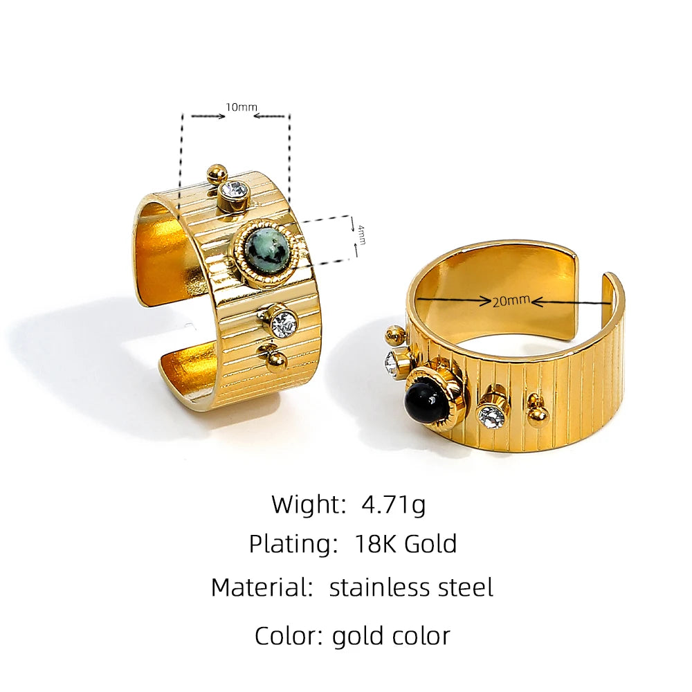 YACHAN Stainless Steel 18 K Gold Plated Wide Rings for Women Green Natural Stone Crystal Finger Open Ring Trendy Jewelry Gift
