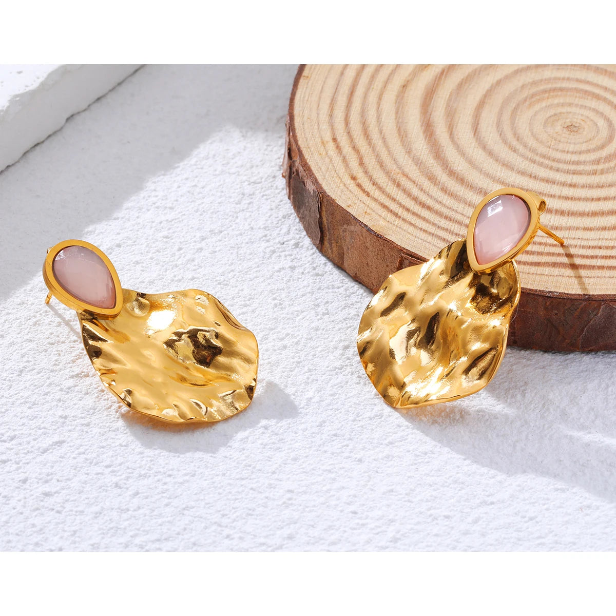 YACHAN 18K Gold Plated Irregular Stainless Steel Drop Earrings for Women Vintage Luxury Pink Natural Stone Exquisite Jewelry