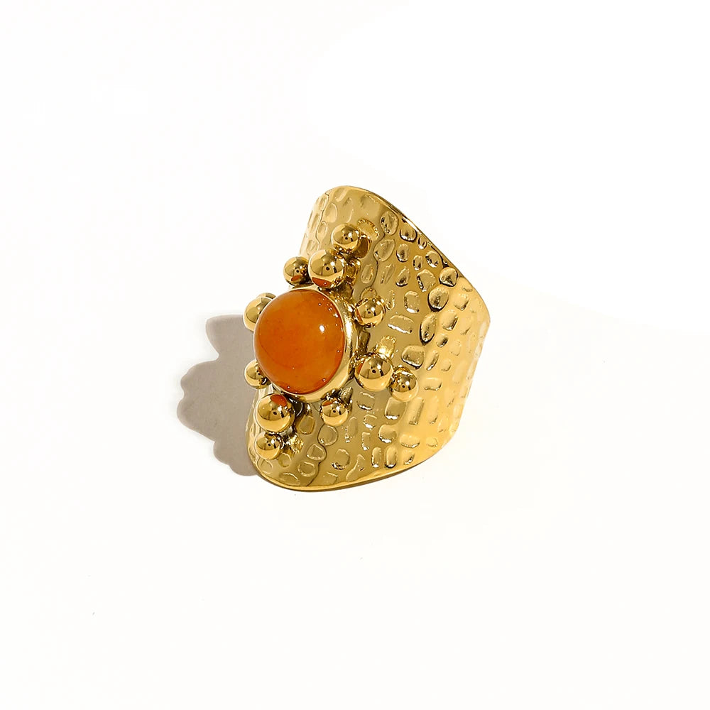 YACHAN 18K Gold Plated Stainless Steel Wide Ring for Women Luxury Orange Stone Metal Texture Trendy Aesthetic Jewelry