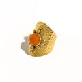 YACHAN 18K Gold Plated Stainless Steel Wide Ring for Women Luxury Orange Stone Metal Texture Trendy Aesthetic Jewelry