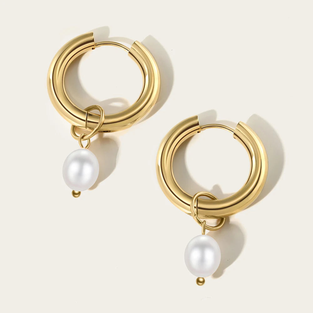 YACHAN Fashion Pearl Pendant Drop Earrings for Women Stainless Steel Hoop High Quality Waterproof Jewelry