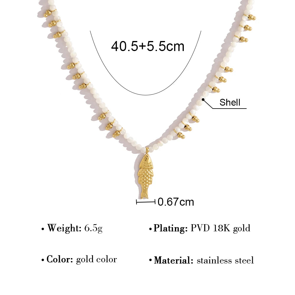 YACHAN Shell Beaded Necklace for Women 18K PVD Gold Plated Stainless Steel Fish Pendant Charm Ocean Waterproof Jewelry