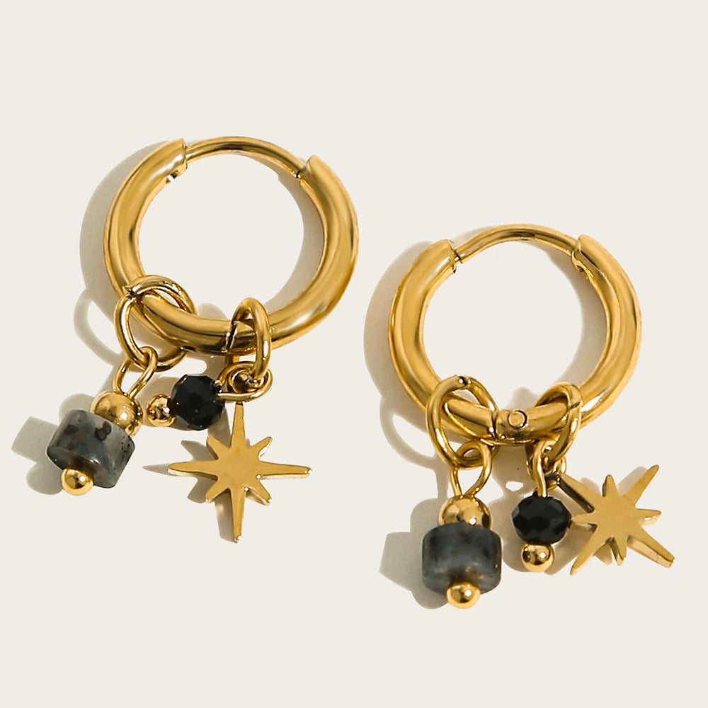 YACHAN 18K Gold Plated Stainless Steel Hoop Earrings for Women Metal Irregular Texture Natural Stone Charms Trendy Jewelry