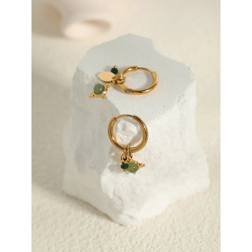 YACHAN 18K Gold Plated Green Natural Stone Stainless Steel Hoop Earrings for Women Luxury Charms Aesthetic Jewelry