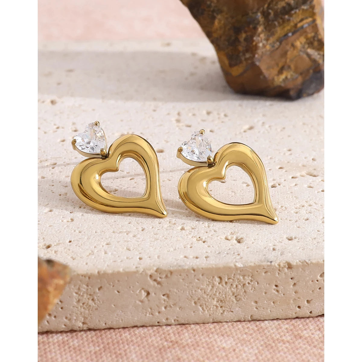 YACHAN Luxury Zircon Love Heart Stainless Steel Earrings for Women Chic 18K Gold Plated Waterproof Trendy Jewelry
