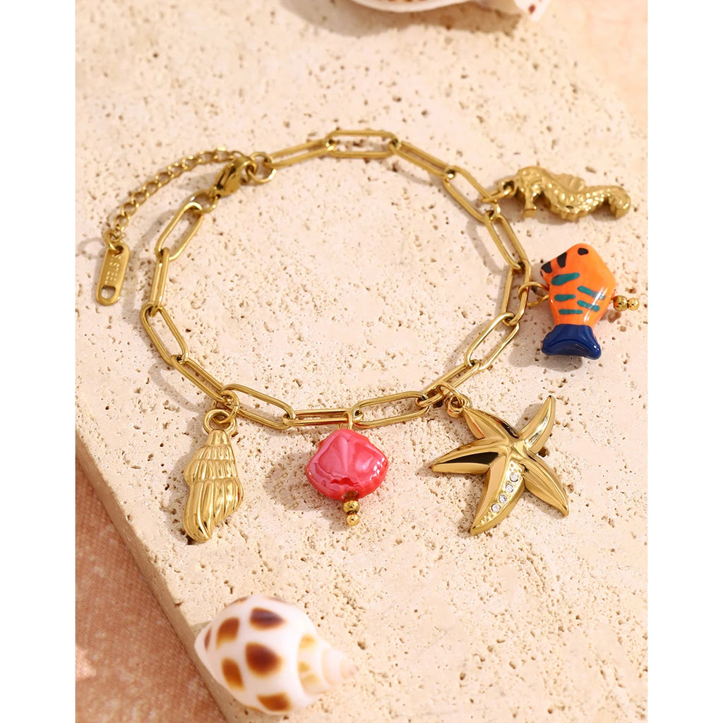 YACHAN Trendy 18K Gold Plated Stainless Steel Charms Chain Bracelet for Women Ocean Beach Vacation Waterproof Jewelry