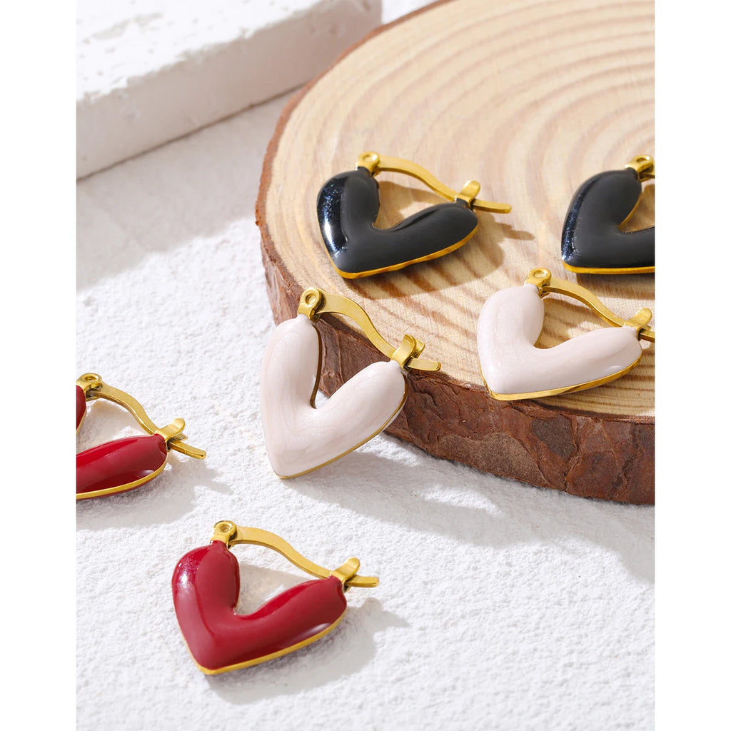 YACHAN New in Stainless Steel Heart Hoop Earrings for Women Pink Black Red Enamel Vintage Chic Waterproof Jewelry