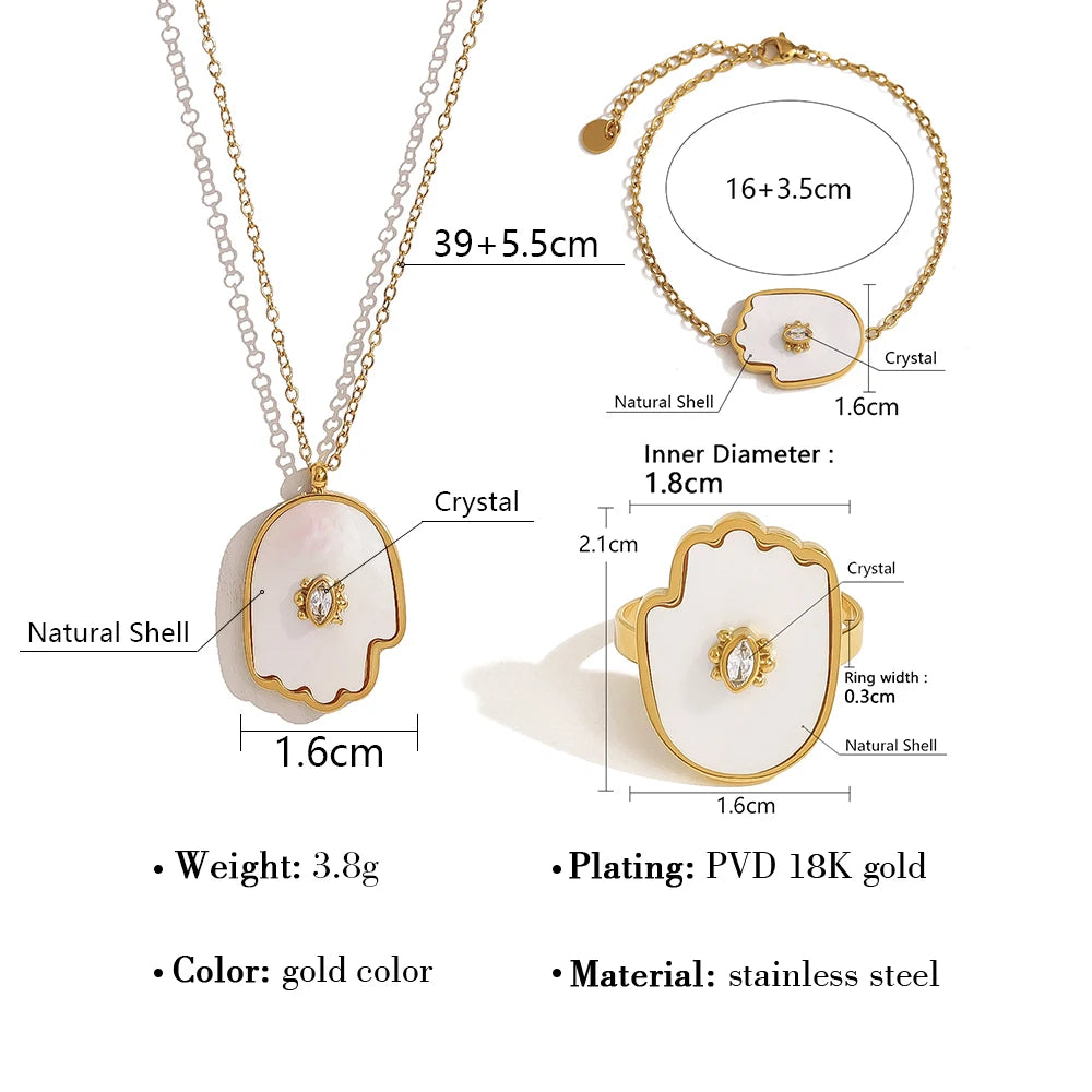 YACHAN Trendy Shell Crystal Charm Stainless Steel Necklace Bracelet Ring for Women 18K Gold Plated Jewelry Set Waterproof