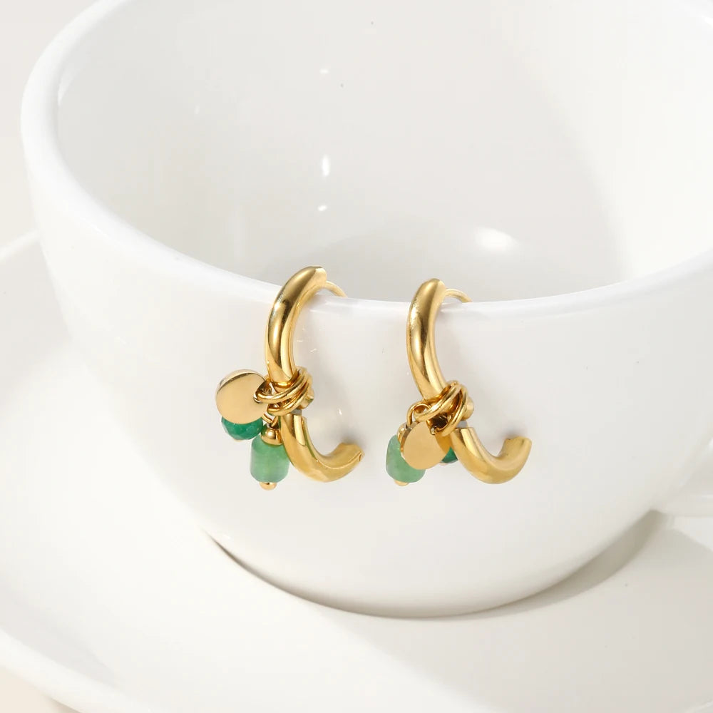 YACHAN 18K Gold Plated Stainless Steel Drop Earrings for Women Gentle Natural Stone Charms Hoop Earring Trendy Jewelry Gift