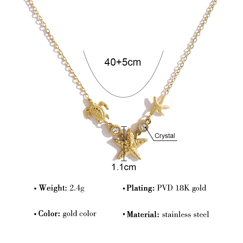 YACHAN Waterproof 18K Gold Plated Stainless Steel Ocean Beach Pendant Necklace for Women Turtle Starfish Charm Jewelry