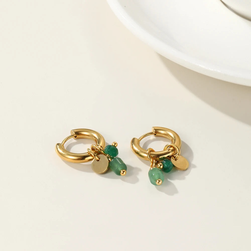 YACHAN 18K Gold Plated Green Natural Stone Stainless Steel Hoop Earrings for Women Luxury Charms Aesthetic Jewelry