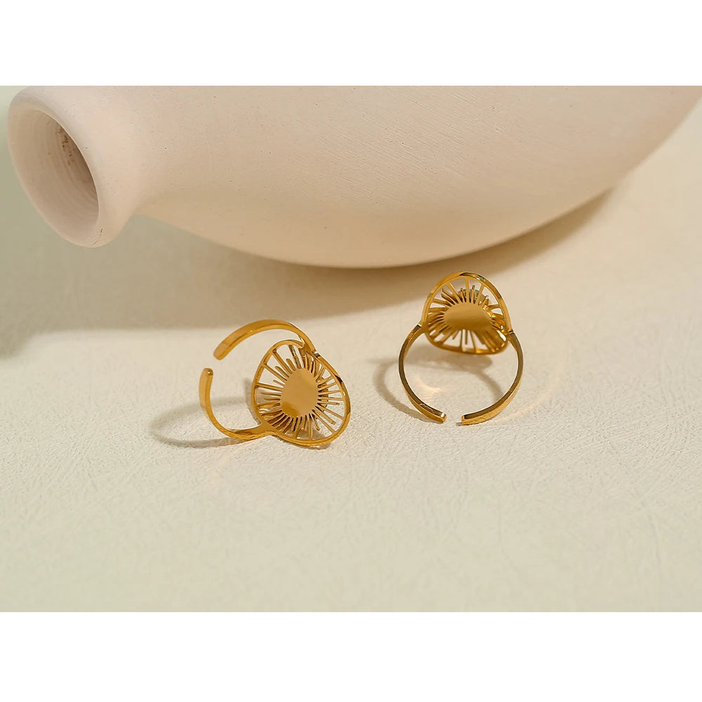 YACHAN Stainless Steel 18 K Gold Plated Sun Rings for Women Natural Stone Inlaid in Hollow Metal Texture Ring Trendy Jewelry