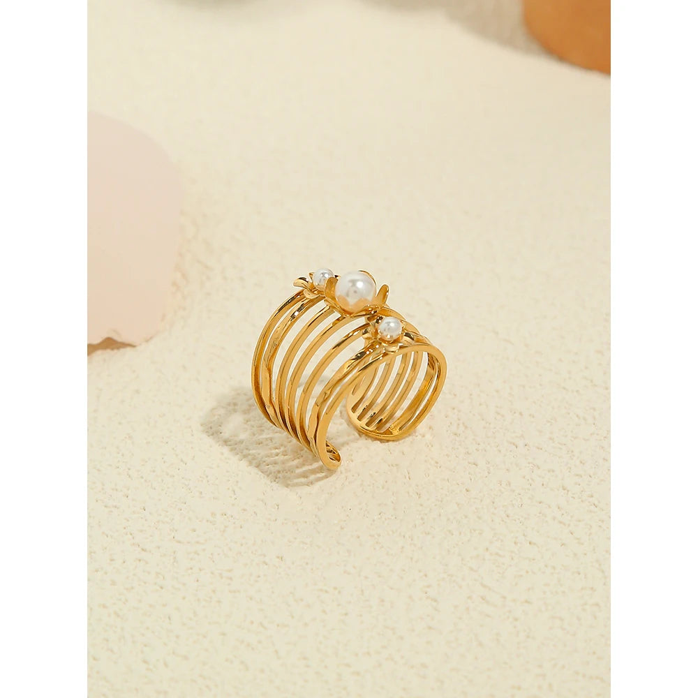YACHAN 18K Gold Plated Stainless Steel Rings for Women Vintage Luxury Pearl Aesthetic Wide Ring Waterproof Jewelry